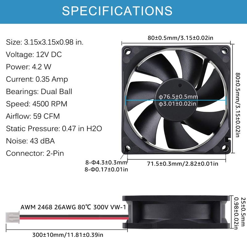 GDSTIME 4500RPM 8cm 80mm x 80mm x 25mm 12v Big Airflow High Speed Dual Ball Bearing Brushless DC Cooling Fan 2 Pin - Image 2